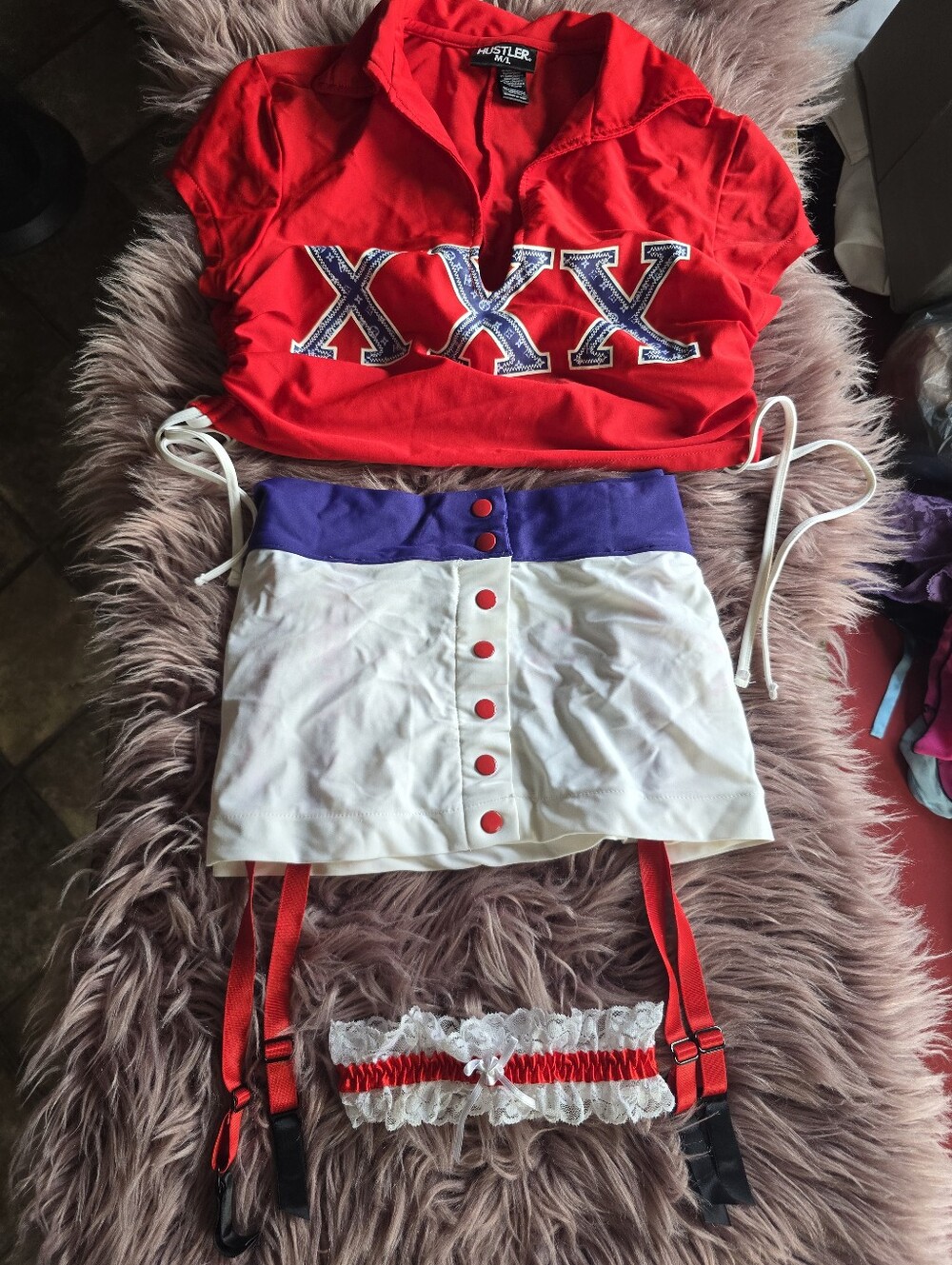 Hustler Hollywood White and Blue XXX Crop, White Button-Accent Mini White Garter